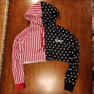 Missguided x Barbie USA American Flag Crop Hoodie Sweatshirt Red White and Blue